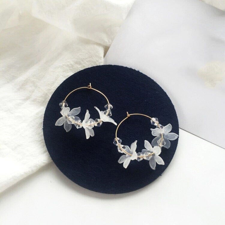 Bridal Flower Dangle Hoop Earrings, Wedding Floral Hoop Ear Studs, Medium Flower Hoop Earrings - KaleaBoutique.com