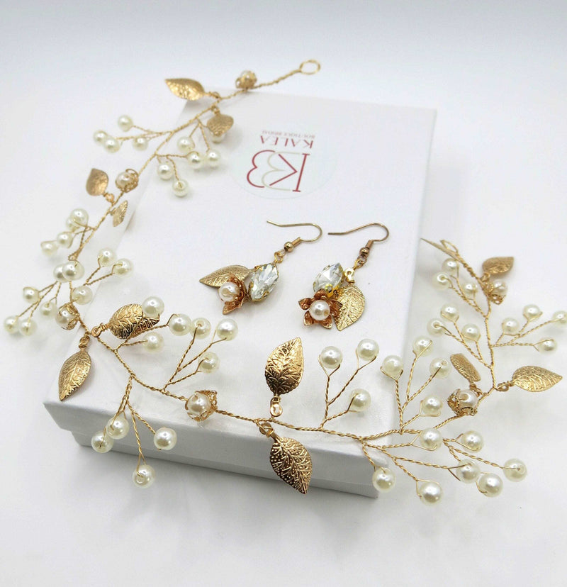 Bridal Gold Wire Hair Vine and Earrings 3 PC Jewelry Set, Flower Girl Tiara Earrings, Wedding Pearl Hair Vine Earring Set - KaleaBoutique.com