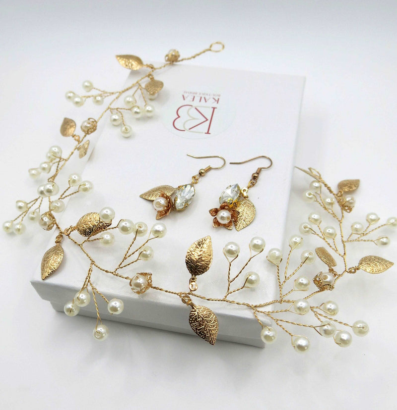 Bridal Gold Wire Hair Vine and Gem Earrings 3 PC Set, Flower Girl Tiara Earrings, Wedding Floral Hair Vine Pearl Garland Headpiece Earrings - KaleaBoutique.com
