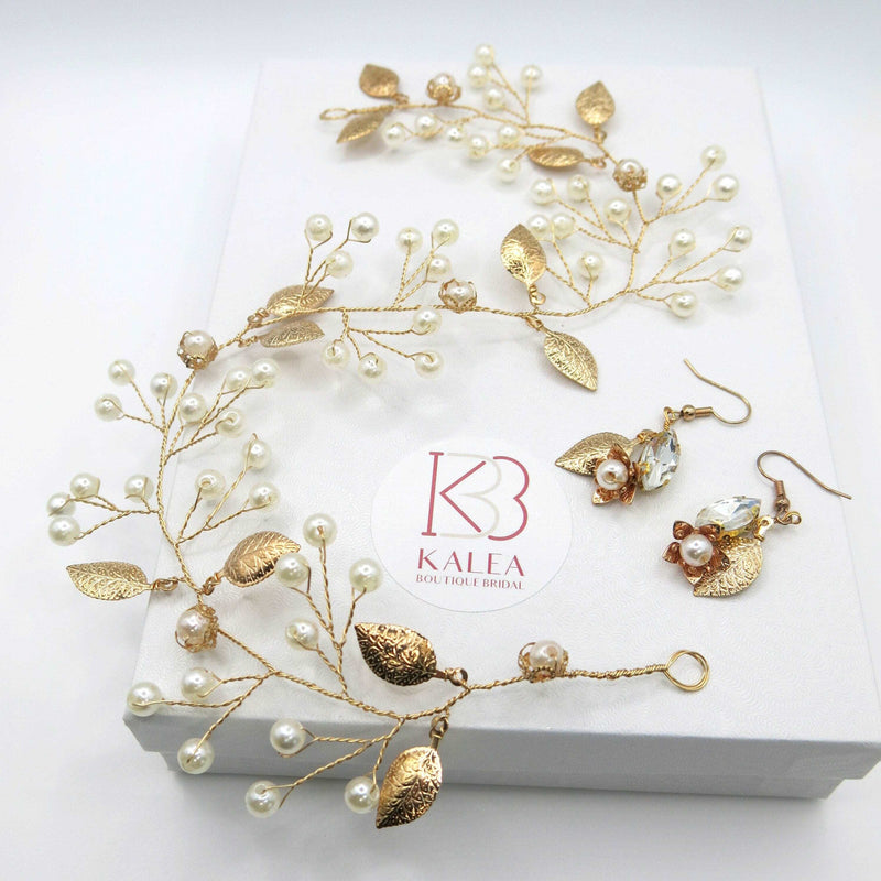 Bridal Gold Wire Hair Vine and Earrings 3 PC Jewelry Set, Flower Girl Tiara Earrings, Wedding Pearl Hair Vine Earring Set - KaleaBoutique.com