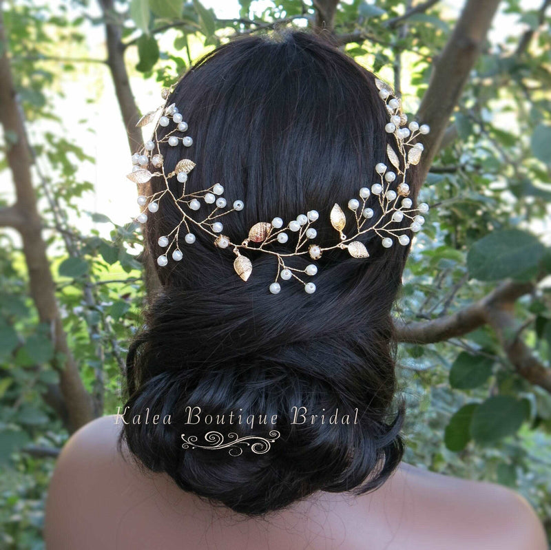 Bridal Gold Wire Hair Vine and Earrings 3 PC Jewelry Set, Flower Girl Tiara Earrings, Wedding Pearl Hair Vine Earring Set - KaleaBoutique.com