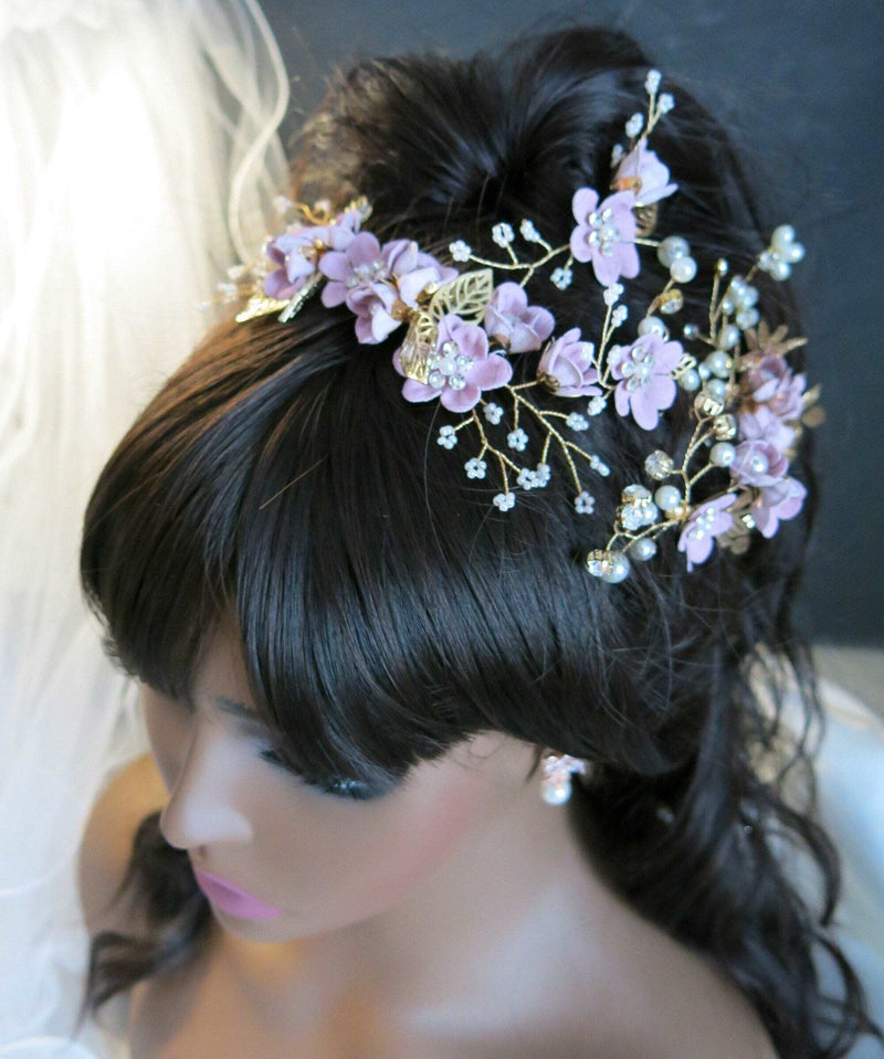 Bridal Lavender Flower Hair Combs, Wedding Silk Lilac Flower Hairpins, Bridesmaid Purple Velour Floral Hairpiece, Fabric Flower Hair Pins - KaleaBoutique.com