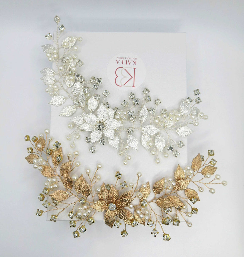 Bridal Metal Leaves Hair Vine, Rhinestone Crystal Flower Head Wreath, Wedding Metal Flower Headband, Prom Hair Wire - KaleaBoutique.com