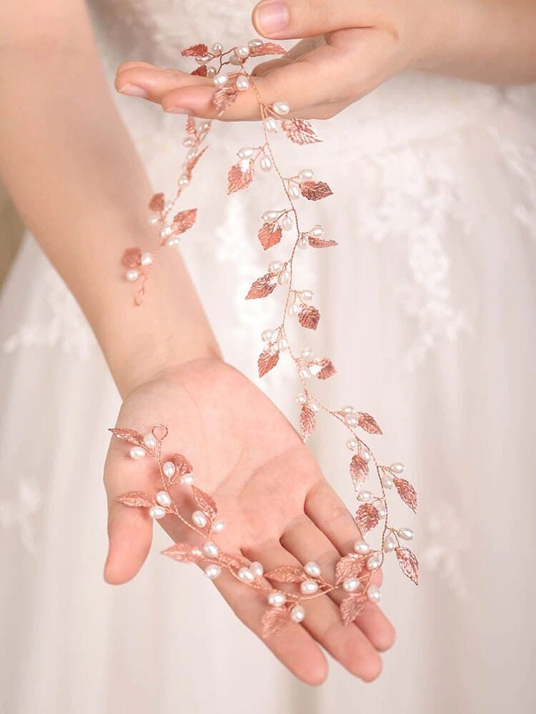 Bridal Leaf Pearl Hair Vine, Wedding Pearl Hair Garland Headband, Bridal Leaf 60 CM Pearl Hair Wire Head Wreath - KaleaBoutique.com