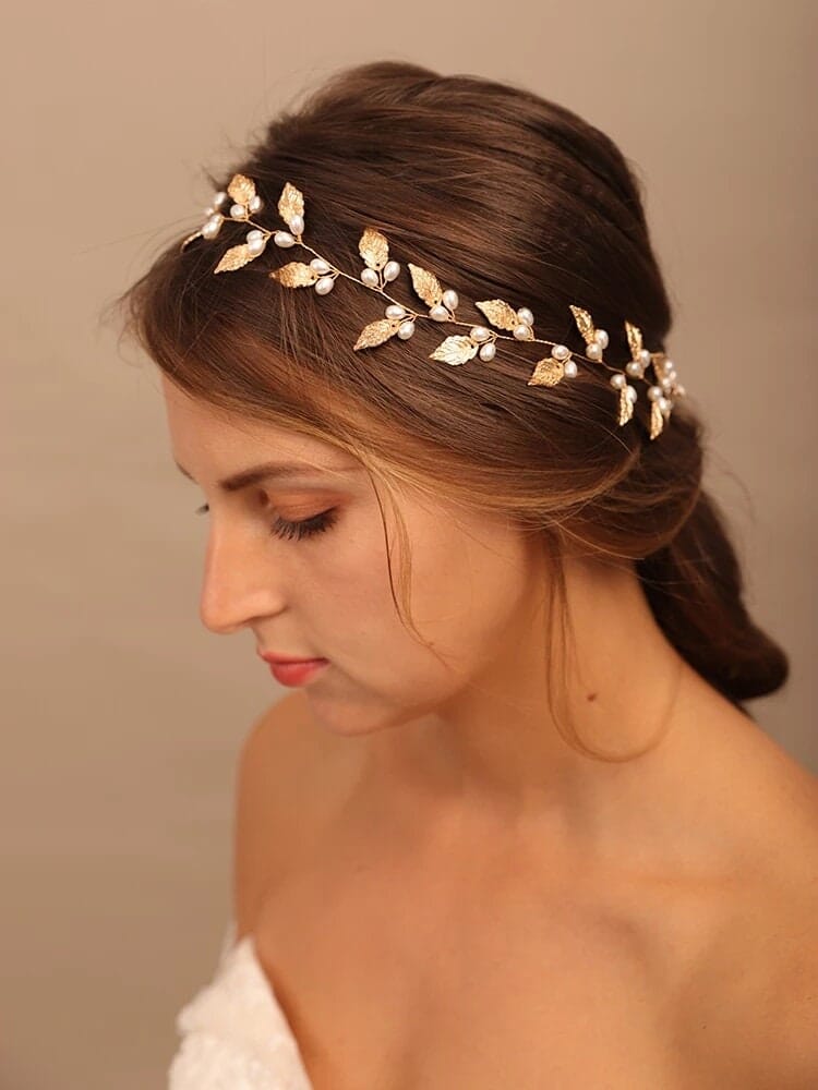 Bridal Leaf Pearl Hair Vine, Wedding Pearl Hair Garland Headband, Bridal Leaf 60 CM Pearl Hair Wire Head Wreath - KaleaBoutique.com