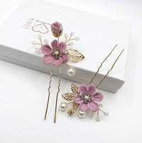 Bridal Lilac Flower 2 PC Hairpin Set, Wedding Velvet Fabric Lavender Hair Pins, Bridesmaid Purple Flower Hairpin Set - KaleaBoutique.com