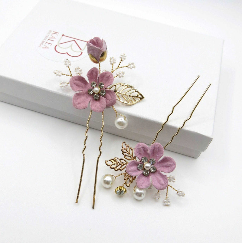 Bridal Lilac Flower 2 PC Hairpin Set, Wedding Fabric Lavender Floral Pearl Hairpiece, Bridesmaid Purple Flower Hairpin, Bride Flower Hairpin - KaleaBoutique.com