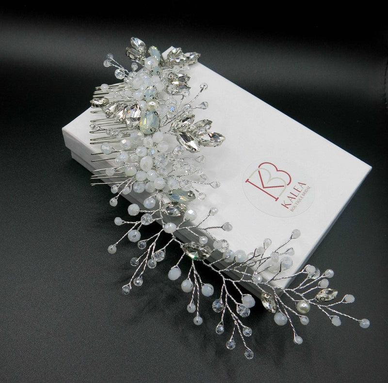 Bridal Milky Opal Crystal Hair Comb with Hair Vine Extension, Opal Crystal Like Rhinestone Wedding Hair Piece, Gemstone Hair Vine - KaleaBoutique.com
