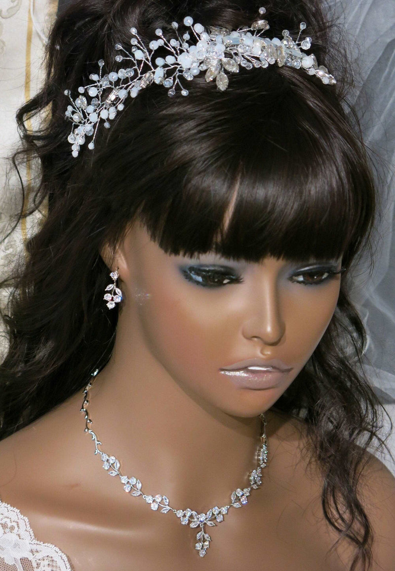 Bridal Milky Opal Crystal Hair Comb with Hair Vine Extension, Opal Crystal Like Rhinestone Wedding Hair Piece, Gemstone Hair Vine - KaleaBoutique.com
