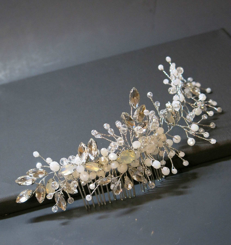 Bridal Milky Opal Crystal Hair Comb with Hair Vine Extension, Opal Crystal Like Rhinestone Wedding Hair Piece, Gemstone Hair Vine - KaleaBoutique.com