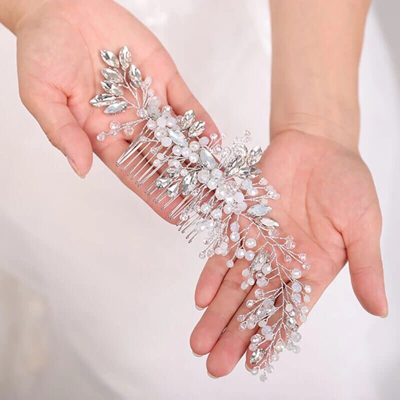 Bridal Milky Opal Crystal Hair Comb with Hair Vine Extension, Opal Crystal Like Rhinestone Wedding Hair Piece, Gemstone Hair Vine - KaleaBoutique.com