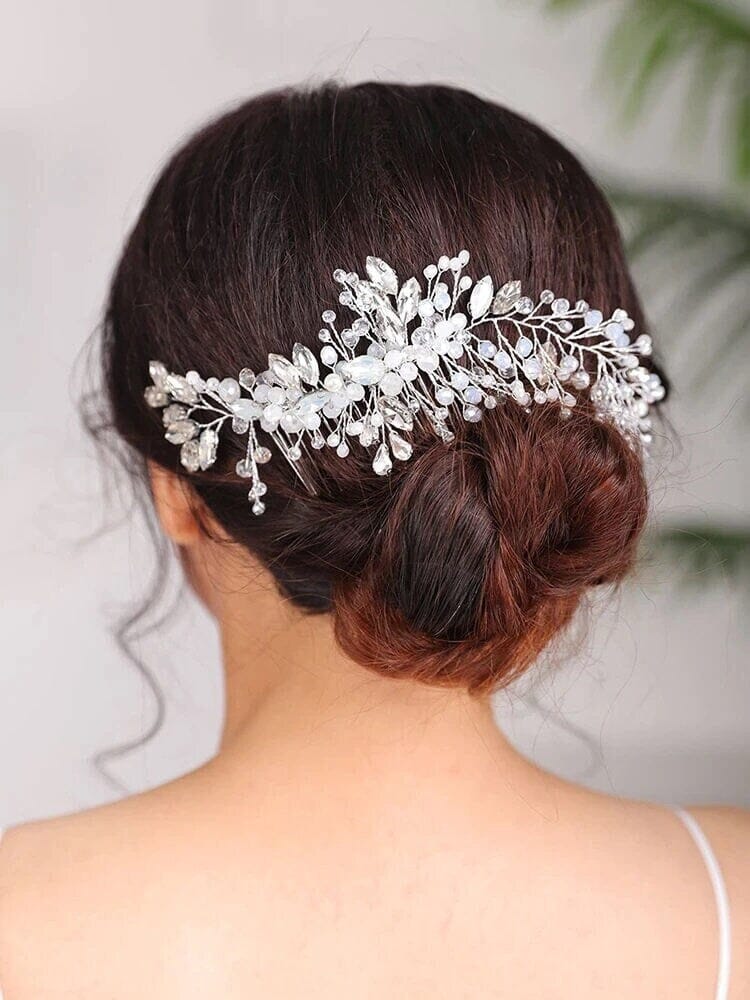 Bridal Milky White Crystal Hair Comb with Hair Vine Extension, Opal Crystal Rhinestone Wedding Hairpiece, Gemstone Floral Crystal Hair Vine - KaleaBoutique.com