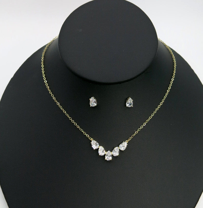 Bridal Minimalist Crystal Necklace and Ear Studs 3 PC Jewelry Set, Bridesmaid CZ Diamond Chain Necklace, Wedding 14K Gold Plated Jewelry Set - KaleaBoutique.com