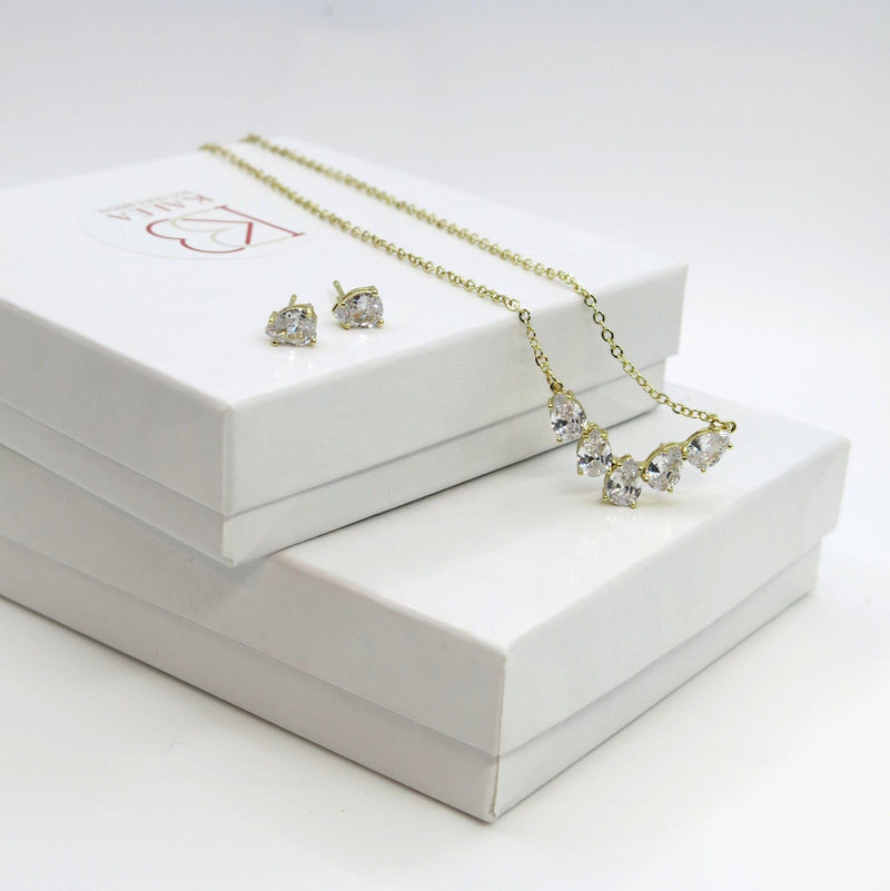 Bridal Minimalist Crystal Necklace and Ear Studs 3 PC Jewelry Set, Bridesmaid CZ Diamond Chain Necklace, Wedding 14K Gold Plated Jewelry Set - KaleaBoutique.com