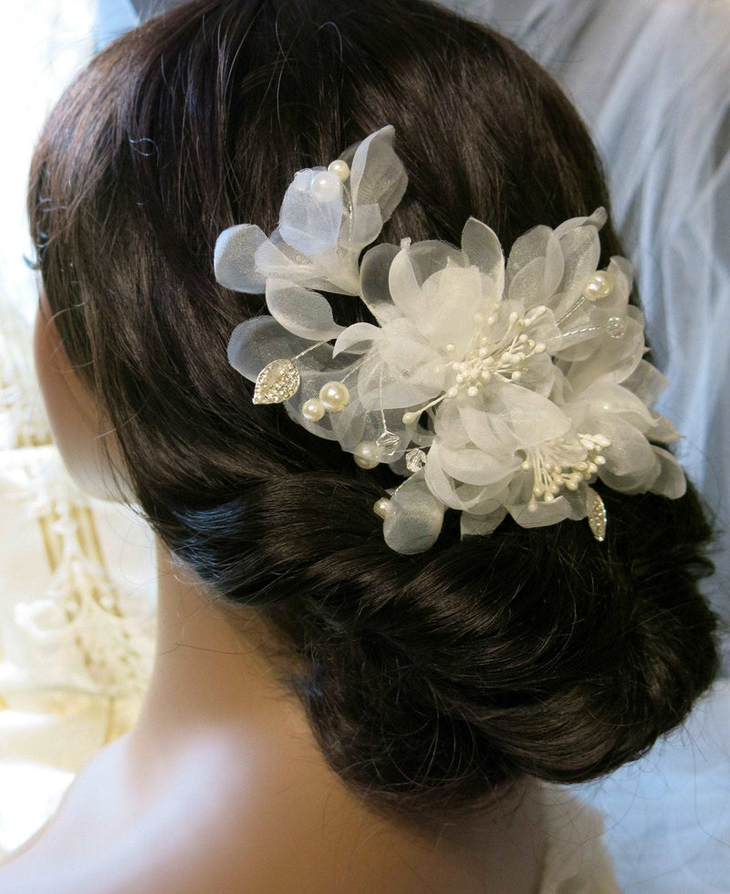 Bridal Multi Layer Chiffon Flower Hairclip, Prom Party, White Chiffon Bridal Headpiece, Flower Girl Mesh Hairclip, Wedding Big Hairpiece - KaleaBoutique.com