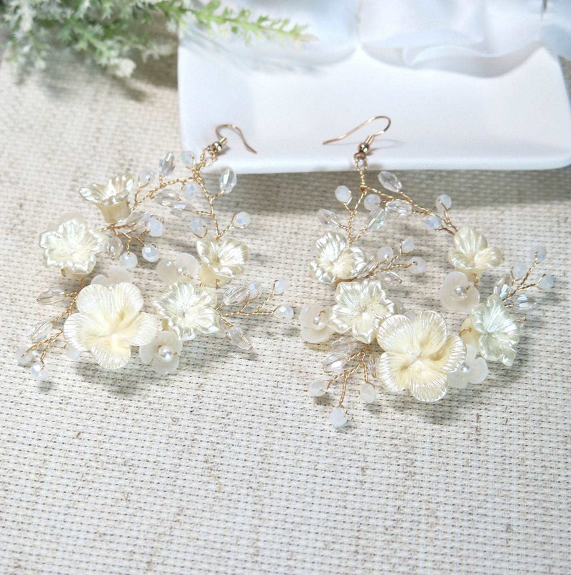 Bridal Off White Abalone Earrings, Faux Carved Seashell Crystal Hoop Earrings, Wedding Dangle Flower Hooped Earrings, Big Floral Hoops - KaleaBoutique.com