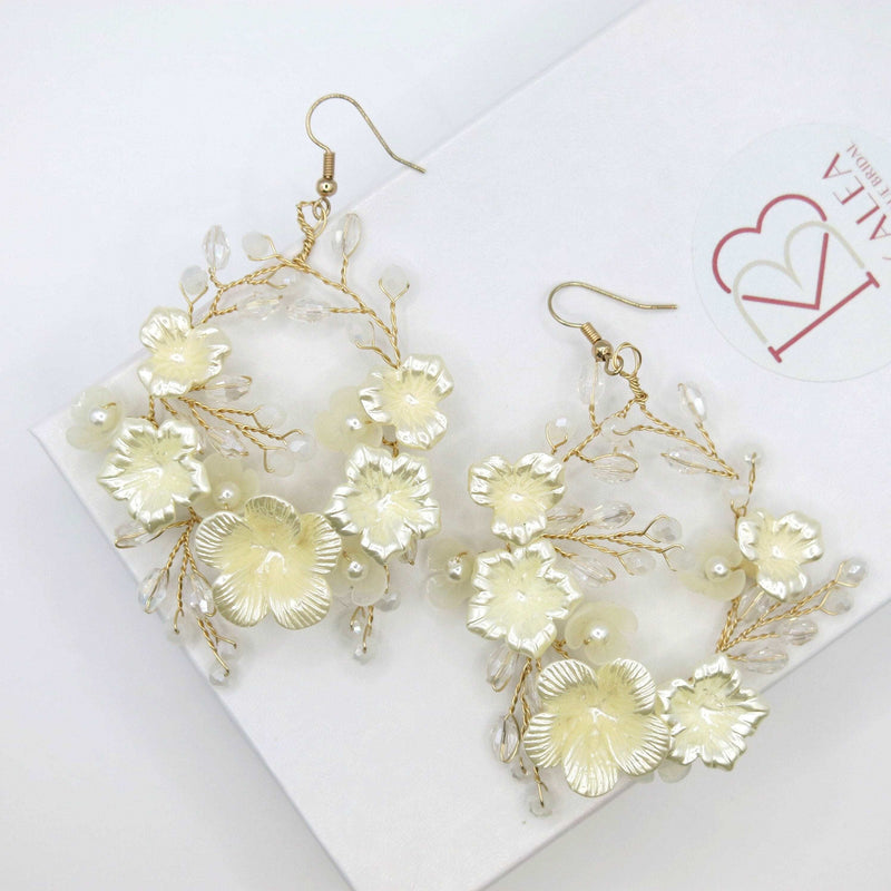 Bridal Off White Abalone Earrings, Faux Carved Seashell Crystal Hoop Earrings, Wedding Dangle Flower Hooped Earrings, Big Floral Hoops - KaleaBoutique.com