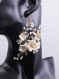 Bridal Off White Abalone Earrings, Faux Carved Seashell Crystal Hoop Earrings, Wedding Dangle Flower Hooped Earrings, Big Floral Hoops - KaleaBoutique.com