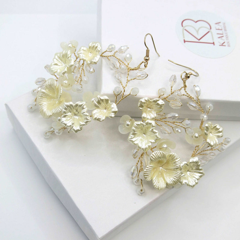 Bridal Off White Abalone Earrings, Faux Carved Seashell Crystal Hoop Earrings, Wedding Dangle Flower Hooped Earrings, Big Floral Hoops - KaleaBoutique.com