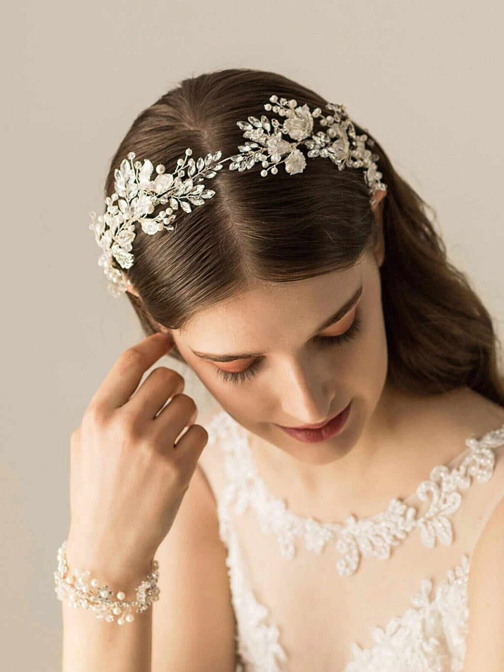 Bridal Pearl and Rhinestone Headband, Wedding Head Wreath Wire Tiara, Princess Silver Floral Hair Vine, Pearl Crystal Headpiece - KaleaBoutique.com