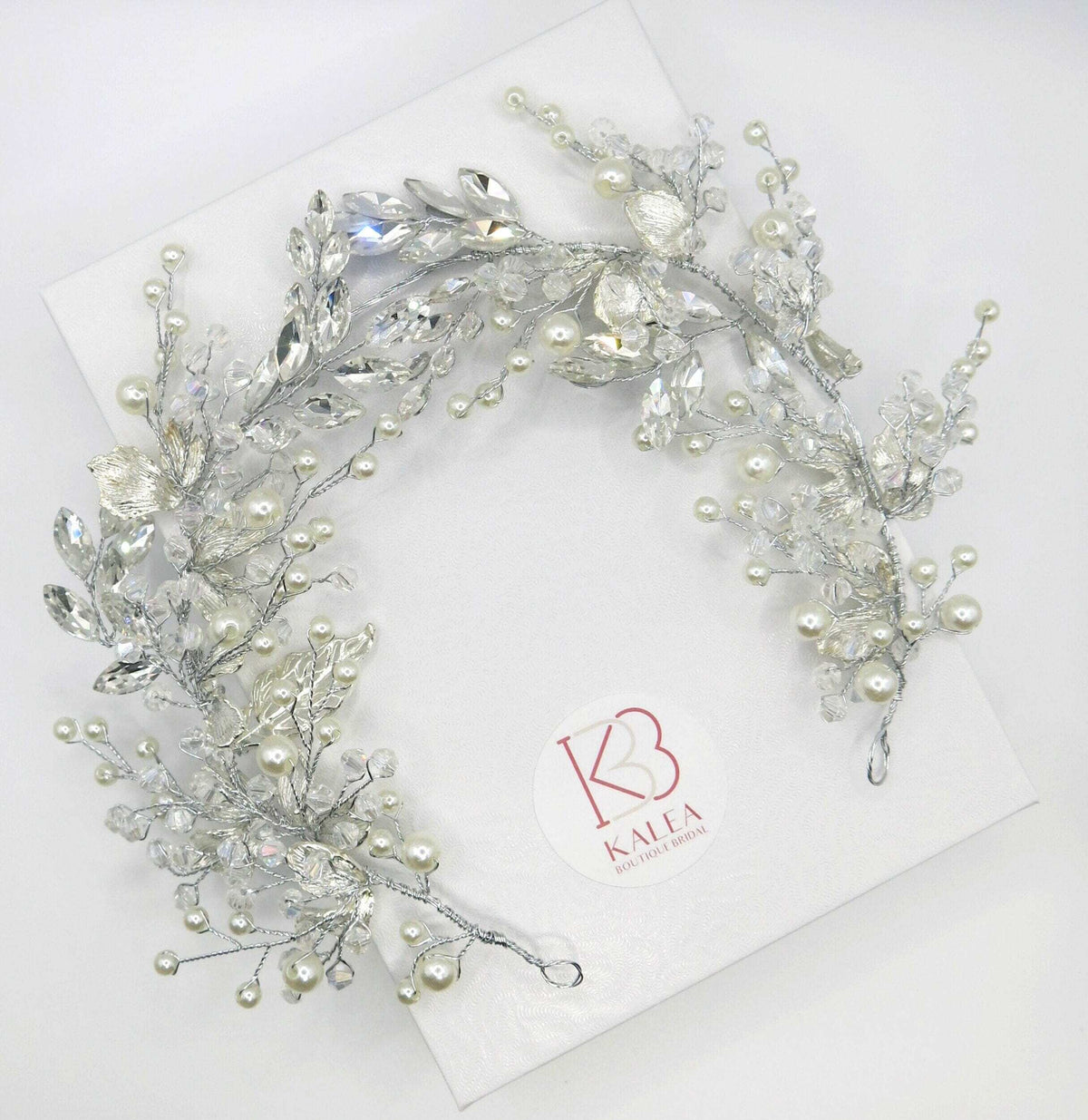 Bridal Pearl and Rhinestone Headband, Wedding Head Wreath Wire Tiara, Princess Silver Floral Hair Vine, Pearl Crystal Headpiece - KaleaBoutique.com