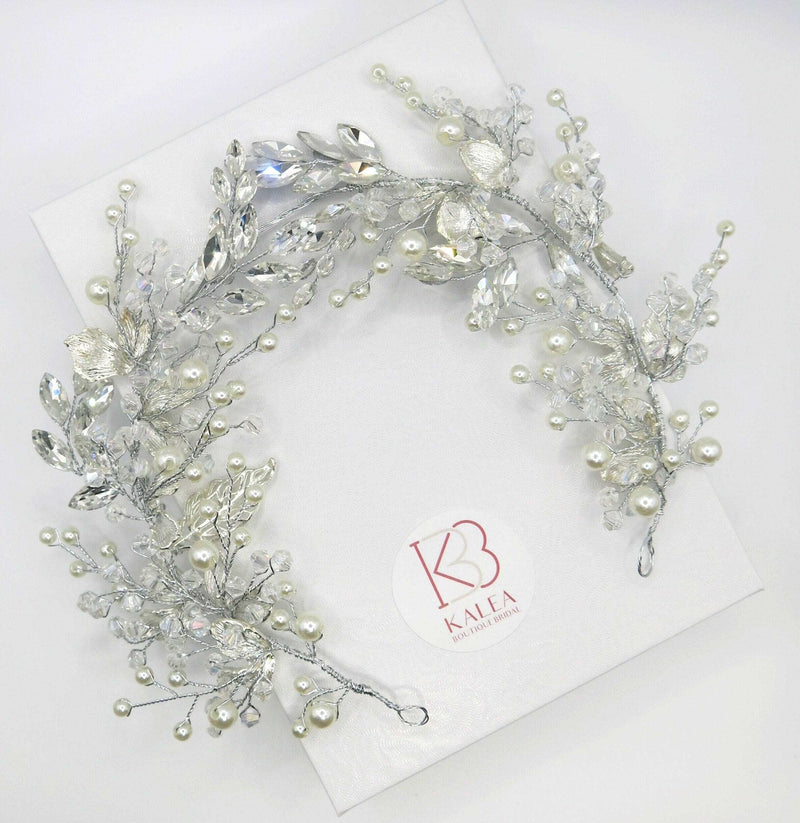 Bridal Pearl and Rhinestone Gem Leaf Headband, Wedding Head Wreath Wire Tiara, Princess Silver Floral Hair Vine, Pearl Crystal Headpiece - KaleaBoutique.com