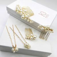 Bridal Pearl Cluster Hair Combs, Wedding Pearl Hair Pieces, Pearl Hair Combs and Hair Pin Set, Bridesmaid Pearl Hairpieces - KaleaBoutique.com