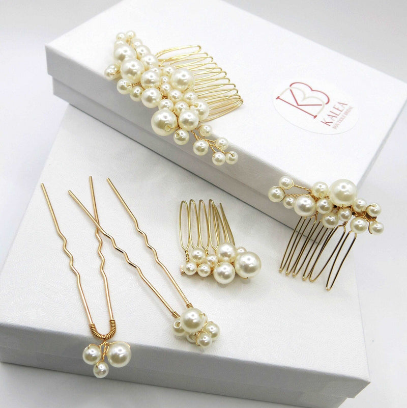 Bridal Pearl Cluster Hair Combs, Wedding Pearl Hair Pieces, Pearl Hair Combs and Hair Pin Set, Bridesmaid Pearl Hairpieces - KaleaBoutique.com