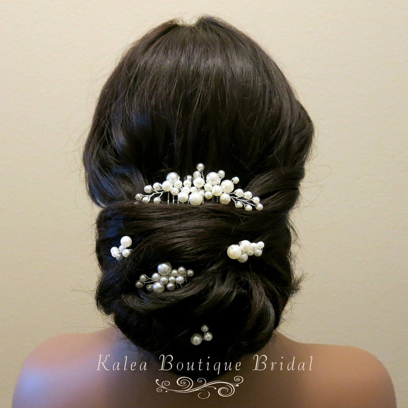 Bridal Pearl Cluster Hair Combs, Wedding Pearl Hair Pieces, Pearl Hair Combs and Hair Pin Set, Bridesmaid Pearl Hairpieces, Small Hairpiece - KaleaBoutique.com