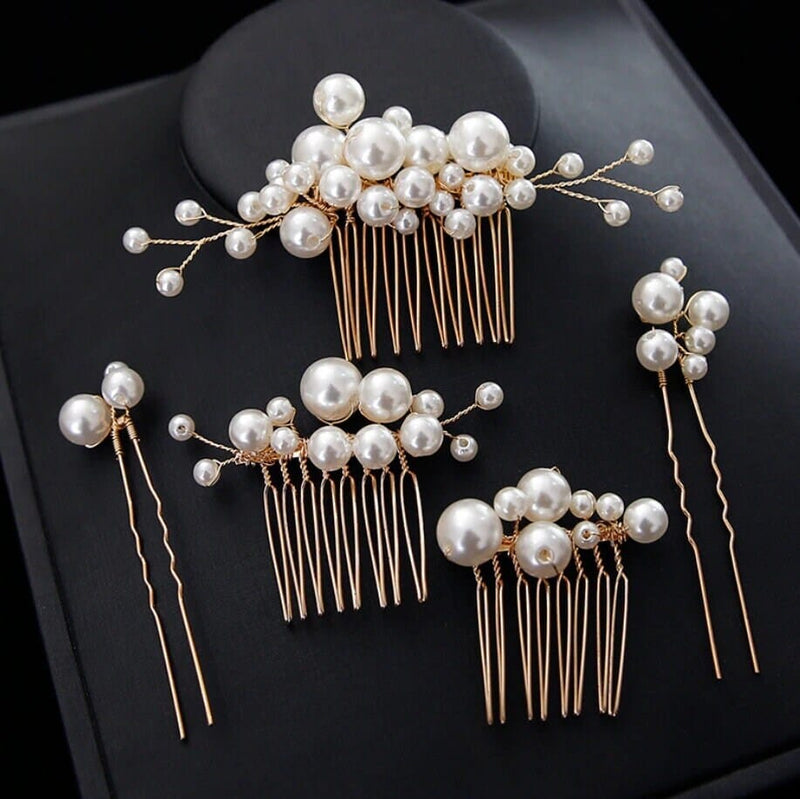 Bridal Pearl Cluster Hair Combs, Wedding Pearl Hair Pieces, Pearl Hair Combs and Hair Pin Set, Bridesmaid Pearl Hairpieces - KaleaBoutique.com