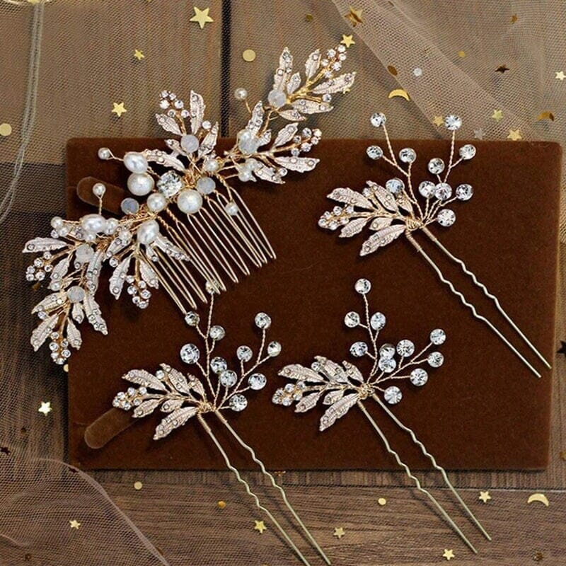 Bridal Floral Hair Comb and Hairpins 4 PC Set, Gem Hair Comb and 3 Hair Pins for Bridesmaids - KaleaBoutique.com