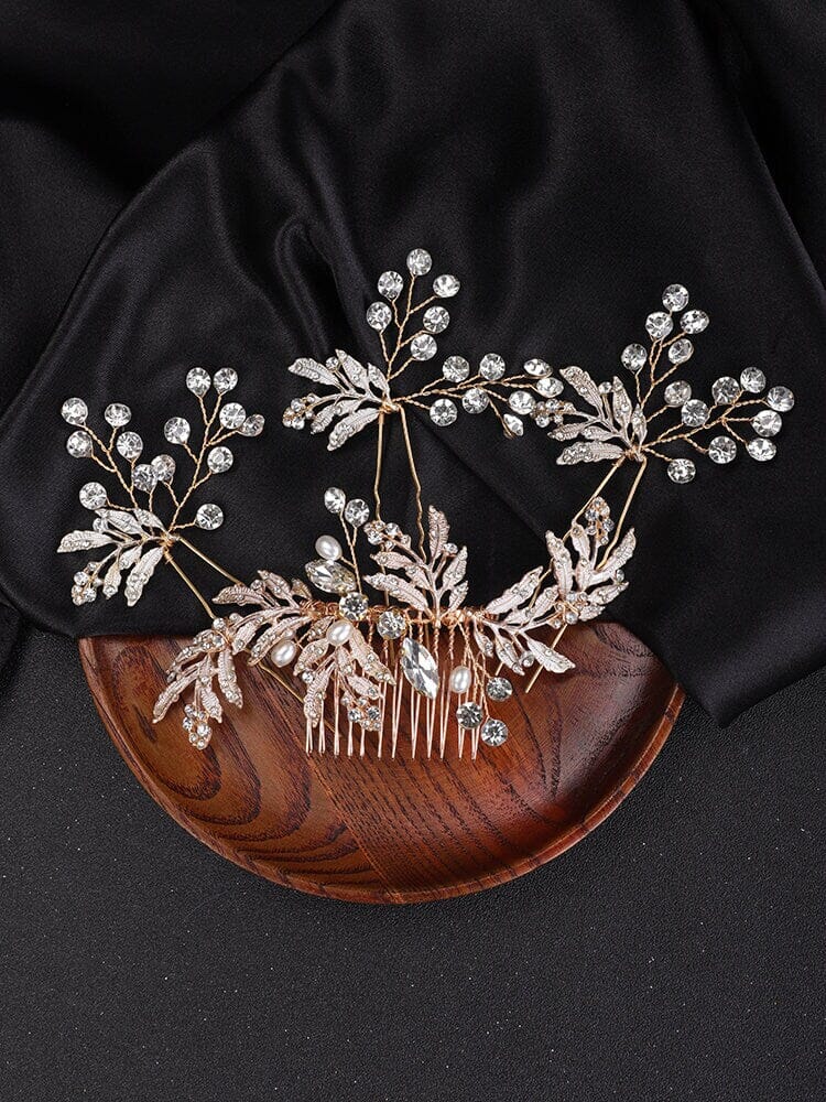 Bridal Floral Hair Comb and Hairpins 4 PC Set, Gem Hair Comb and 3 Hair Pins for Bridesmaids - KaleaBoutique.com