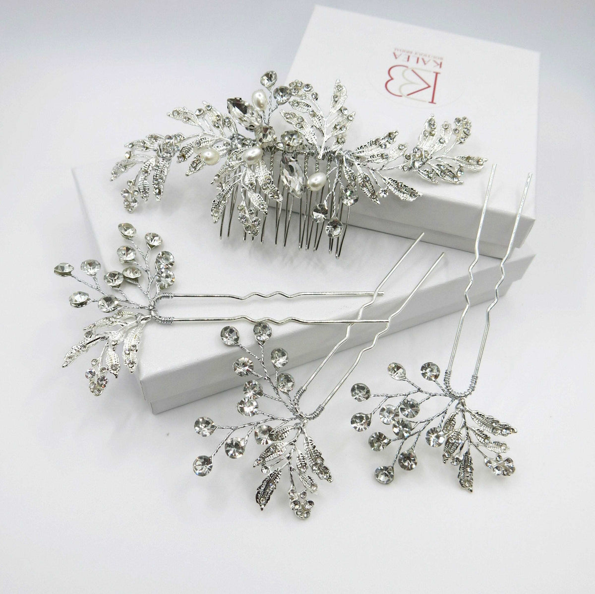 Bridal Floral Hair Comb and Hairpins 4 PC Set, Gem Hair Comb and 3 Hair Pins for Bridesmaids - KaleaBoutique.com