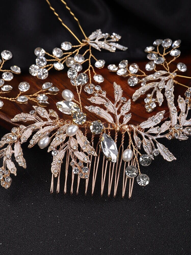 Bridal Floral Hair Comb and Hairpins 4 PC Set, Gem Hair Comb and 3 Hair Pins for Bridesmaids - KaleaBoutique.com