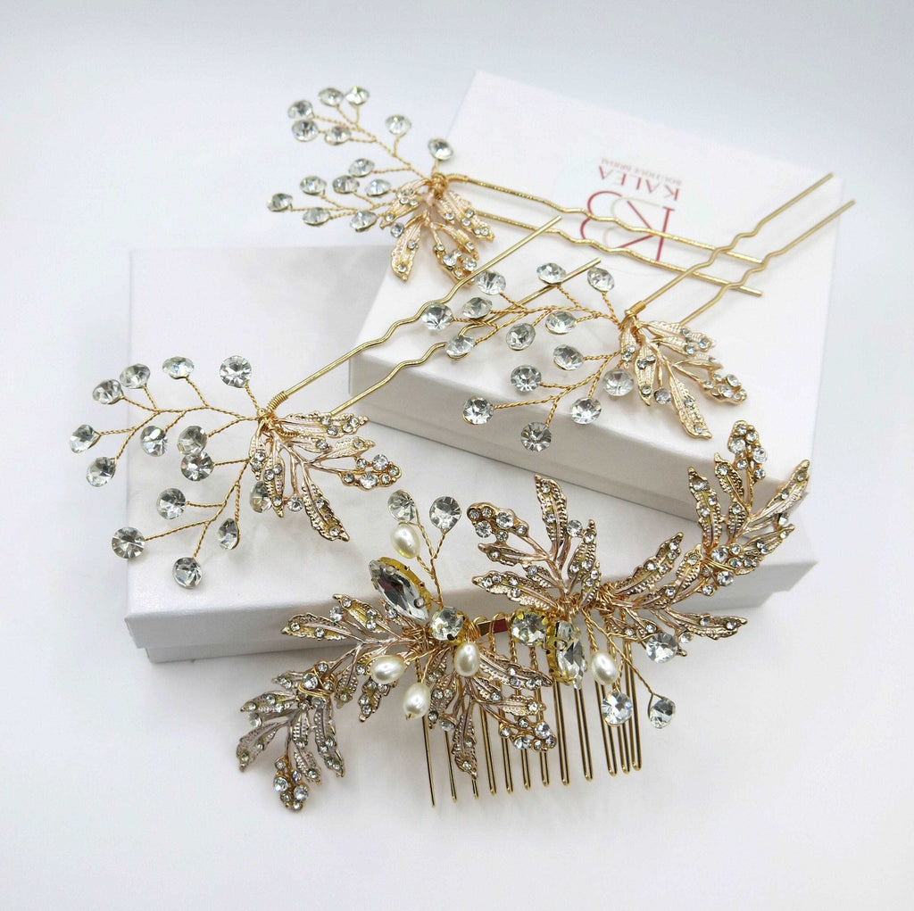 Bridal Floral Hair Comb and Hairpins 4 PC Set, Gem Hair Comb and 3 Hair Pins for Bridesmaids - KaleaBoutique.com