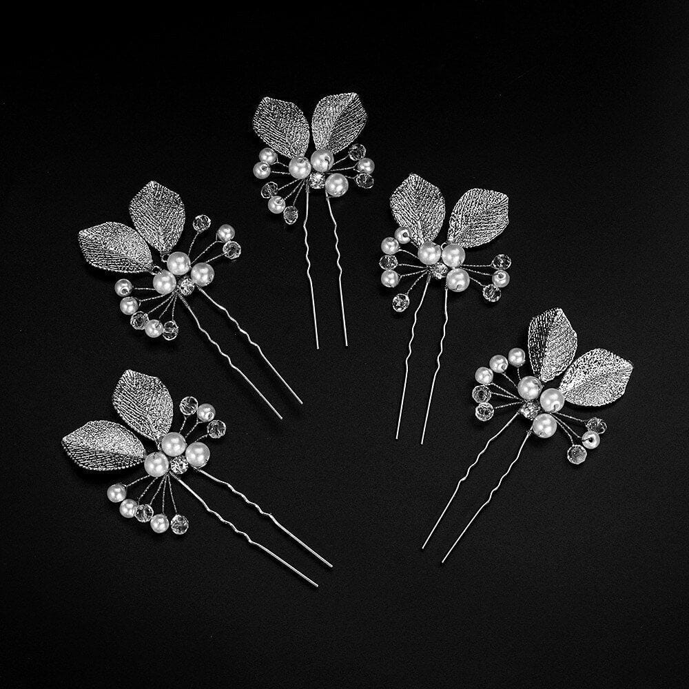 Bridal Pearl and Leaf 2 PC Hairpin Set for Wedding, Silver Leaf Floral Hairpiece, Two Embossed Metal Leaf Hairpins - KaleaBoutique.com