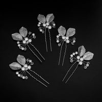 Bridal Pearl and Leaf 2 PC Hairpin Set for Wedding, Silver Leaf Floral Hairpiece, Two Embossed Metal Leaf Hairpins - KaleaBoutique.com