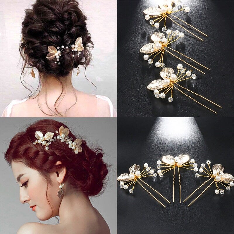 Bridal Pearl and Leaf 2 PC Hairpin Set for Wedding, Silver Leaf Floral Hairpiece, Two Embossed Metal Leaf Hairpins - KaleaBoutique.com