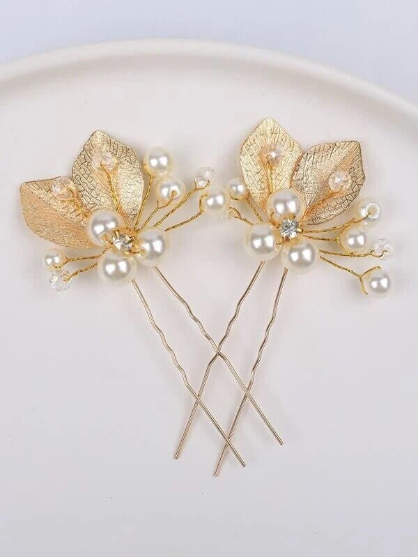 Bridal Pearl and Leaf 2 PC Hairpin Set for Wedding, Silver Leaf Floral Hairpiece, Two Embossed Metal Leaf Hairpins - KaleaBoutique.com