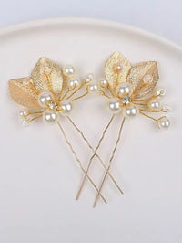 Bridal Pearl and Leaf 2 PC Hairpin Set for Wedding, Silver Leaf Floral Hairpiece, Two Embossed Metal Leaf Hairpins - KaleaBoutique.com