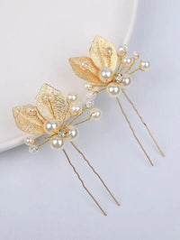 Bridal Pearl and Leaf 2 PC Hairpin Set for Wedding, Silver Leaf Floral Hairpiece, Two Embossed Metal Leaf Hairpins - KaleaBoutique.com