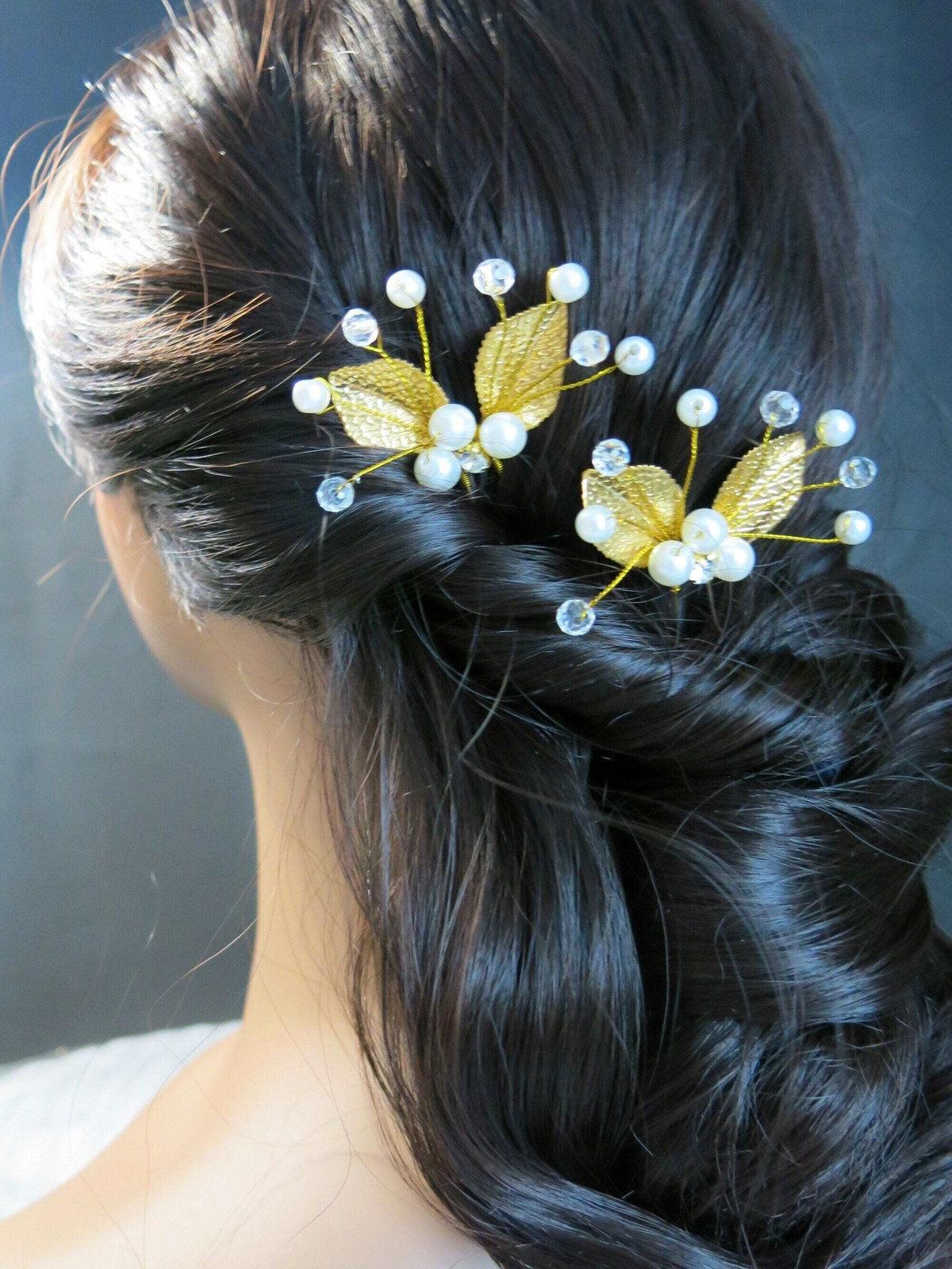 Bridal Pearl and Leaf 2 PC Hairpin Set for Wedding, Silver Leaf Floral Hairpiece, Two Embossed Metal Leaf Hairpins - KaleaBoutique.com