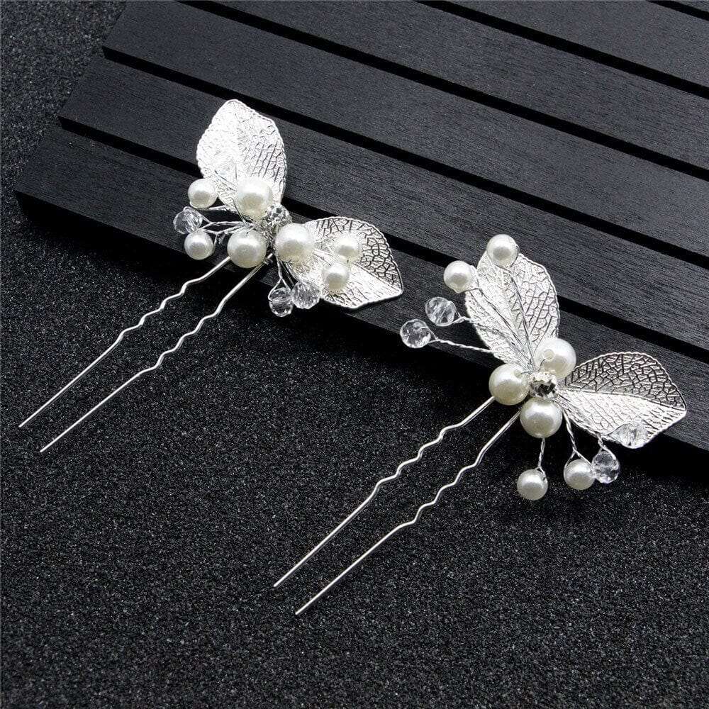 Bridal Pearl and Leaf 2 PC Hairpin Set for Wedding, Silver Leaf Floral Hairpiece, Two Embossed Metal Leaf Hairpins - KaleaBoutique.com