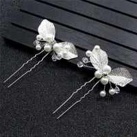 Bridal Pearl and Leaf 2 PC Hairpin Set for Wedding, Silver Leaf Floral Hairpiece, Two Embossed Metal Leaf Hairpins - KaleaBoutique.com