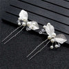 Bridal Pearl Gold Leaf 2 PC Hairpin Set for Wedding, Silver Wire Leaf Floral Hairpiece, Two Embossed Metal Leaf Hairpins, Bridesmaid Hairpin - KaleaBoutique.com