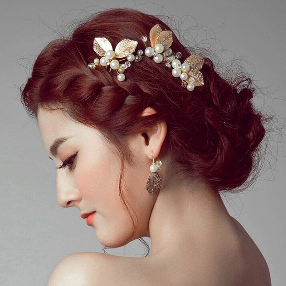 Bridal Pearl and Leaf 2 PC Hairpin Set for Wedding, Silver Leaf Floral Hairpiece, Two Embossed Metal Leaf Hairpins - KaleaBoutique.com