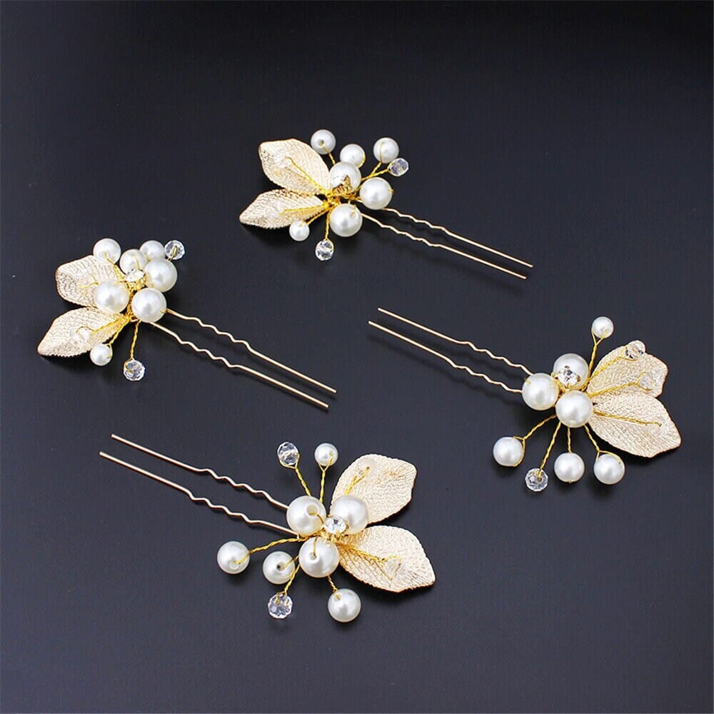 Bridal Pearl and Leaf 2 PC Hairpin Set for Wedding, Silver Leaf Floral Hairpiece, Two Embossed Metal Leaf Hairpins - KaleaBoutique.com