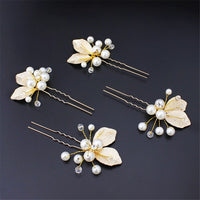 Bridal Pearl and Leaf 2 PC Hairpin Set for Wedding, Silver Leaf Floral Hairpiece, Two Embossed Metal Leaf Hairpins - KaleaBoutique.com