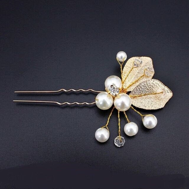 Bridal Pearl and Leaf 2 PC Hairpin Set for Wedding, Silver Leaf Floral Hairpiece, Two Embossed Metal Leaf Hairpins - KaleaBoutique.com