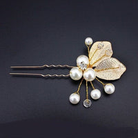 Bridal Pearl and Leaf 2 PC Hairpin Set for Wedding, Silver Leaf Floral Hairpiece, Two Embossed Metal Leaf Hairpins - KaleaBoutique.com